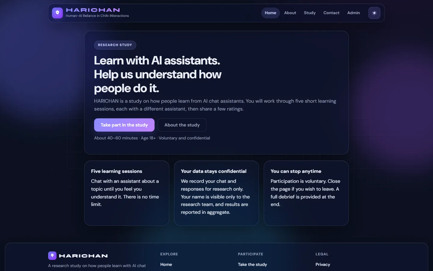 HARICHAN study website landing page with the headline 'Learn with AI assistants. Help us understand how people do it.' and cards describing five learning sessions, confidentiality and voluntary participation