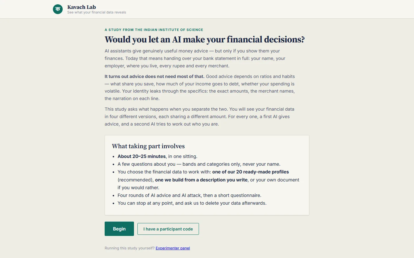Kavach Lab study landing page asking 'Would you let an AI make your financial decisions?', explaining how advice and identity leak from bank data and what taking part involves