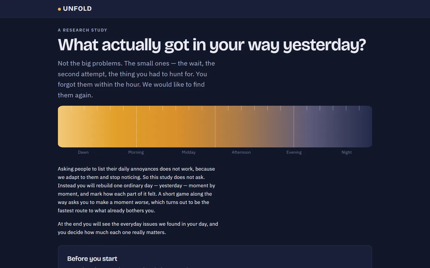 UNFOLD study landing page asking 'What actually got in your way yesterday?' above a dawn-to-night timeline of the day
