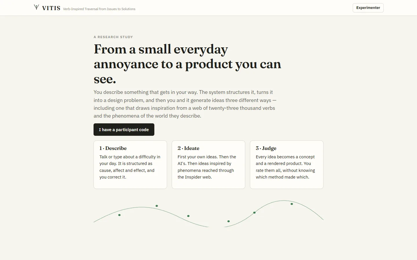 VITIS study landing page: 'From a small everyday annoyance to a product you can see', with Describe, Ideate and Judge steps