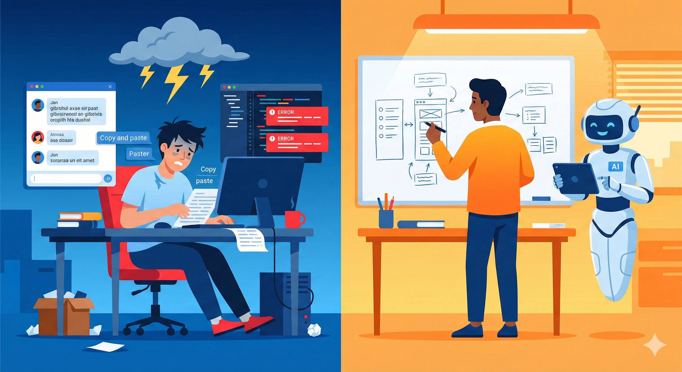 Split-screen illustration showing frustrated developer with errors vs calm developer with AI assistant
