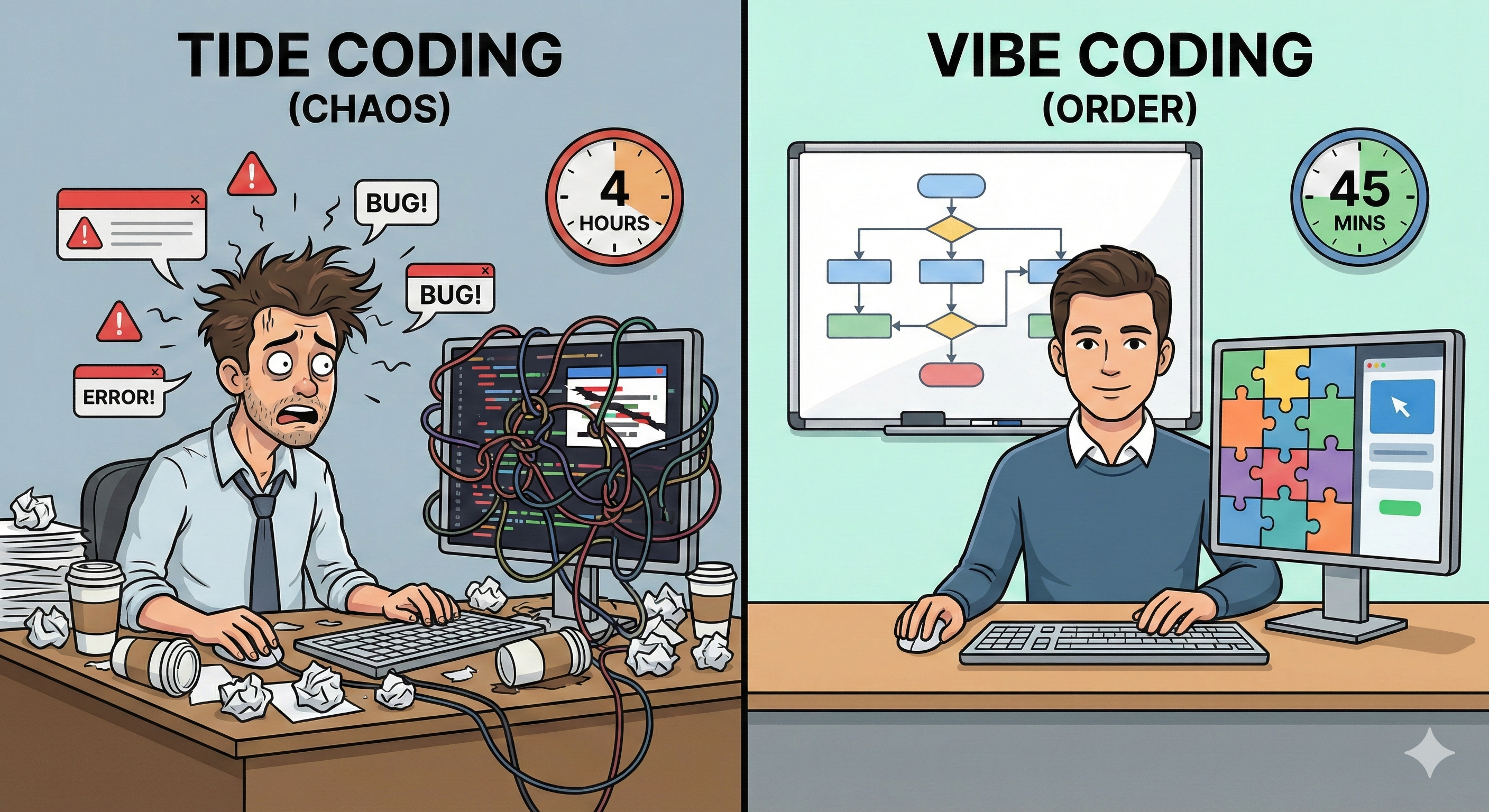 Before/after split showing Tide Coding chaos vs Vibe Coding organized approach