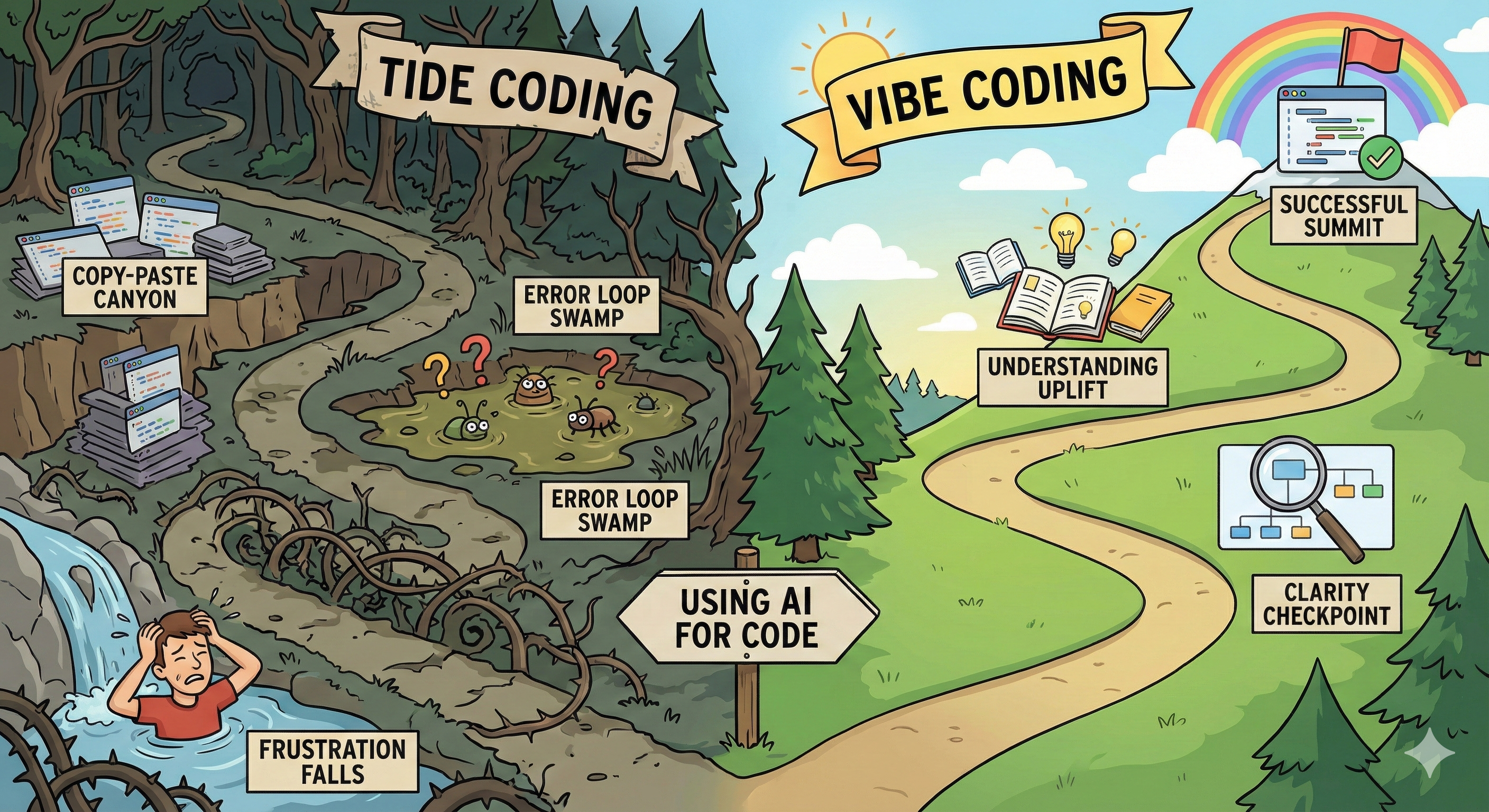 Two paths diverging map showing Tide Coding downward spiral vs Vibe Coding upward journey