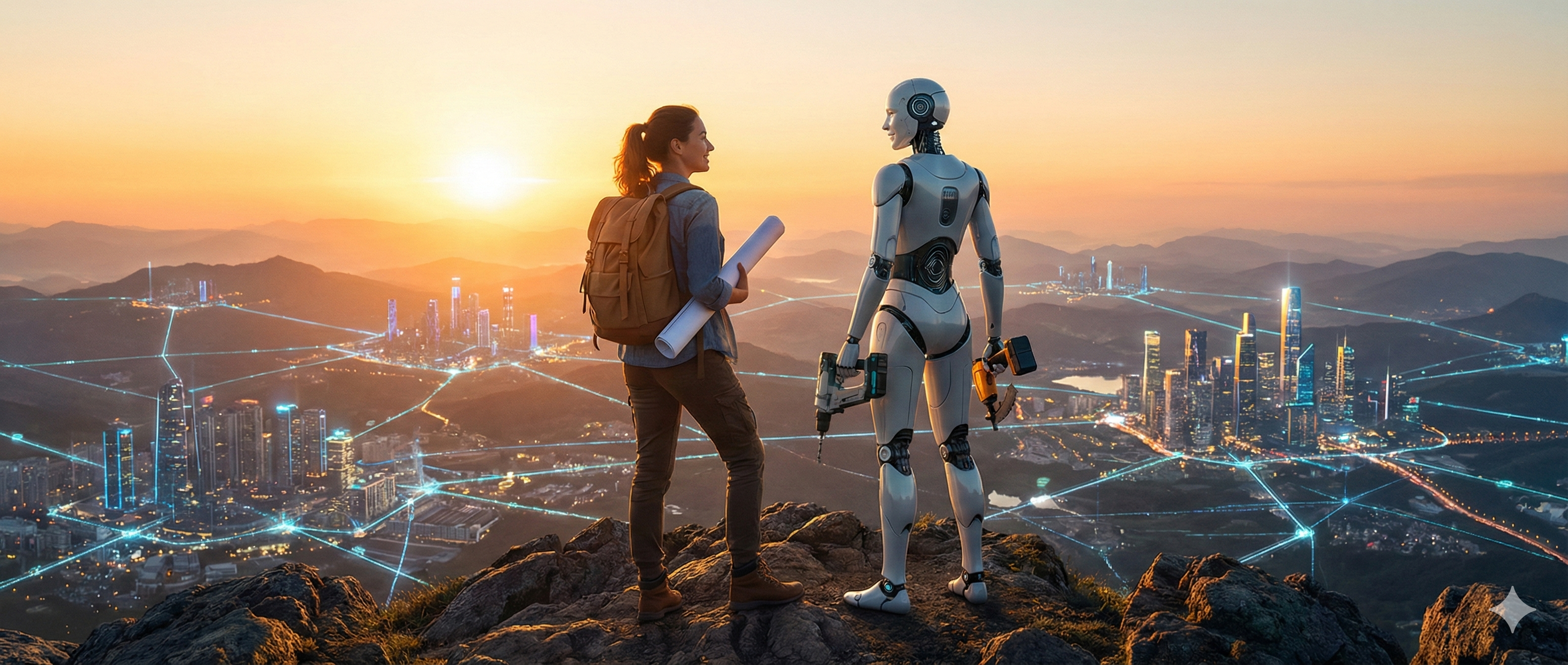 Developer and AI assistant on mountain peak at sunrise overlooking successful applications