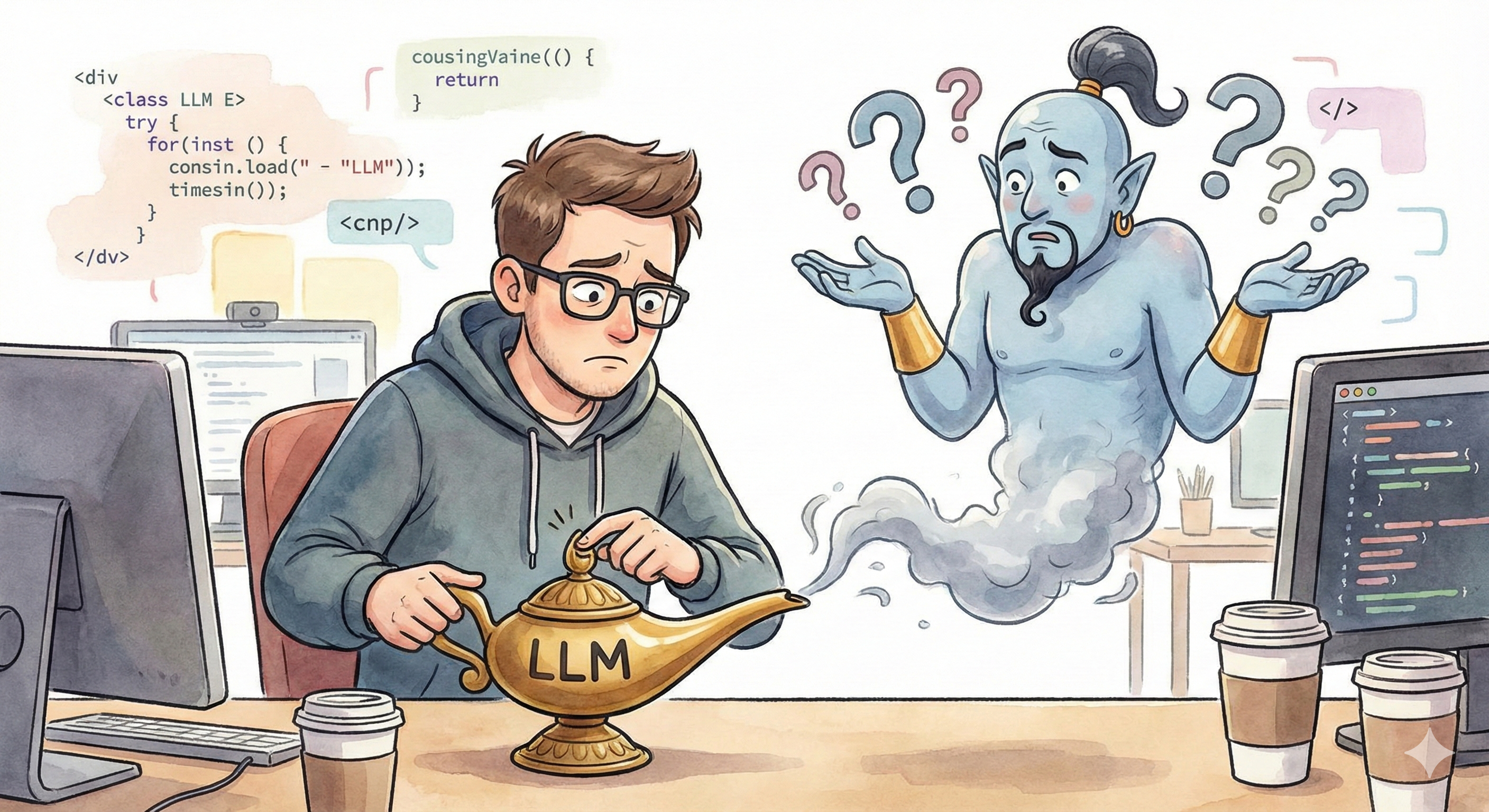 Developer treating AI chatbot like magic lamp with confused genie