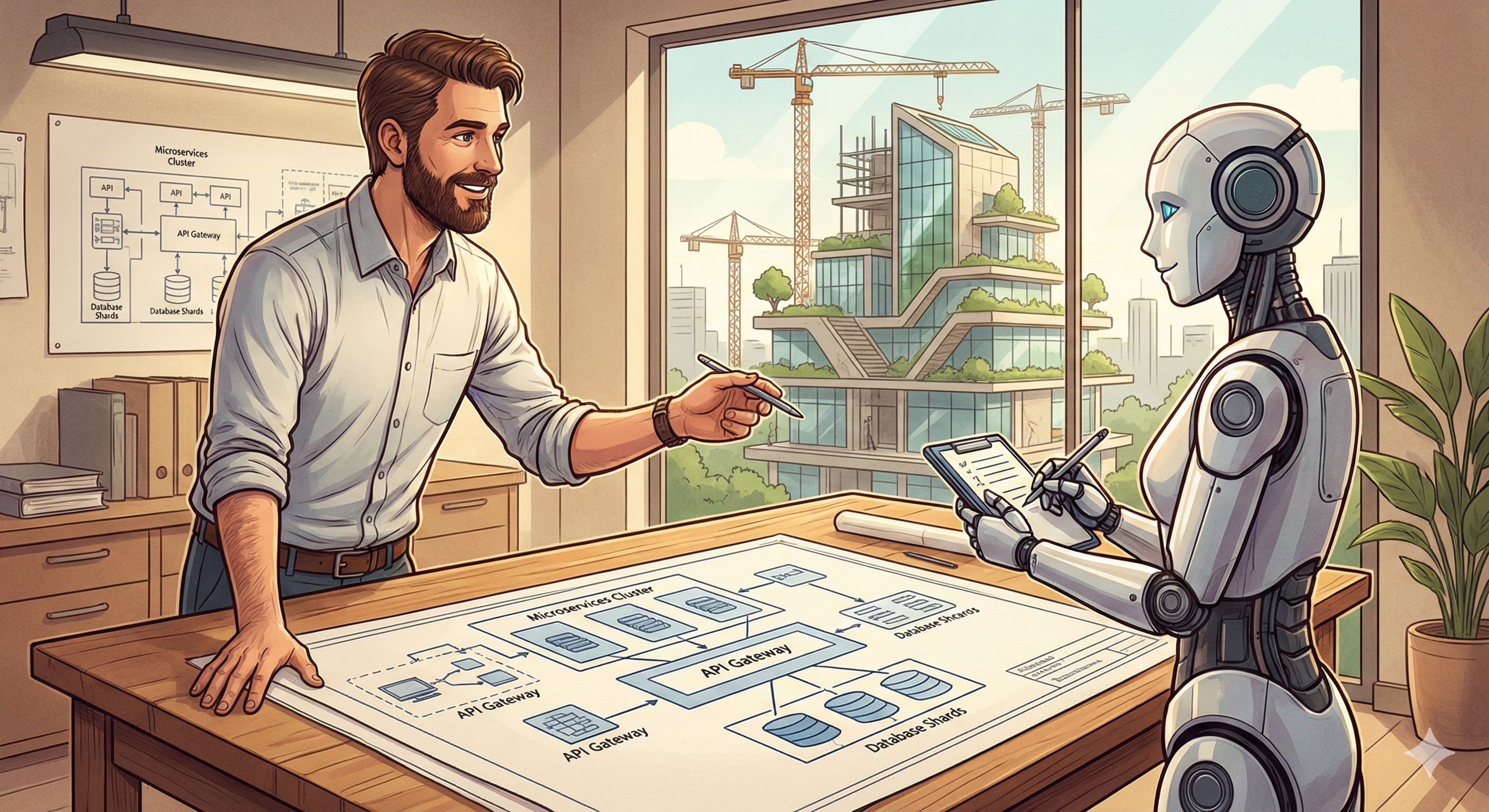 Architect explaining detailed plans to robot assistant with software architecture blueprint