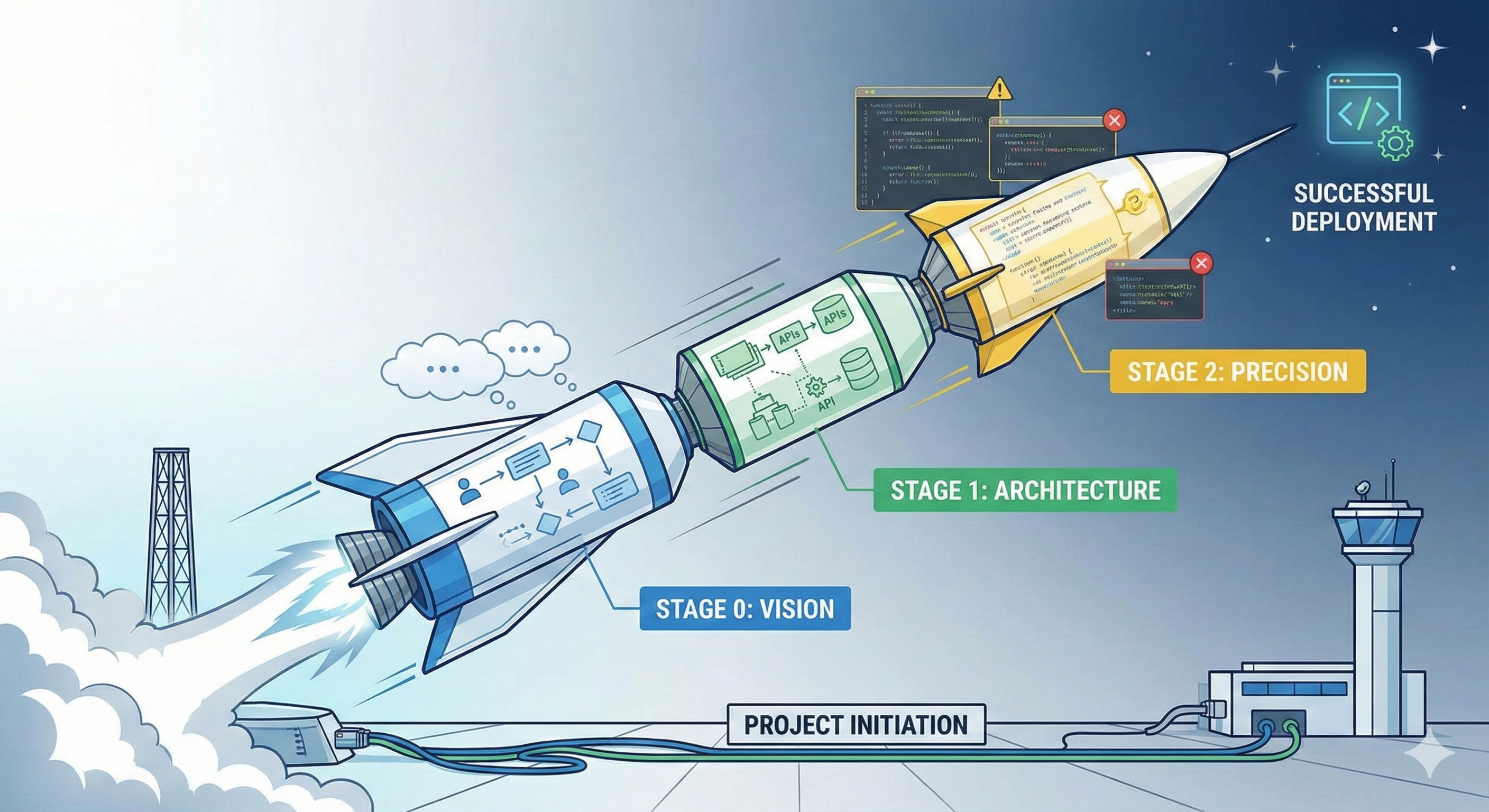Rocket with three stages labeled Vision, Architecture, and Precision launching toward Successful Deployment