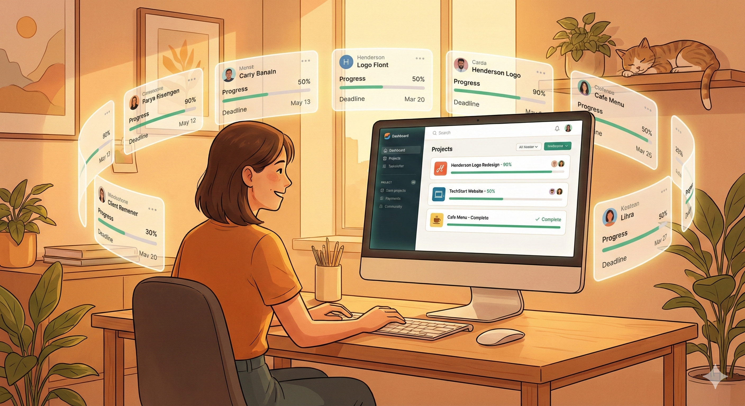 Freelance designer at organized desk with dashboard interface and floating project cards