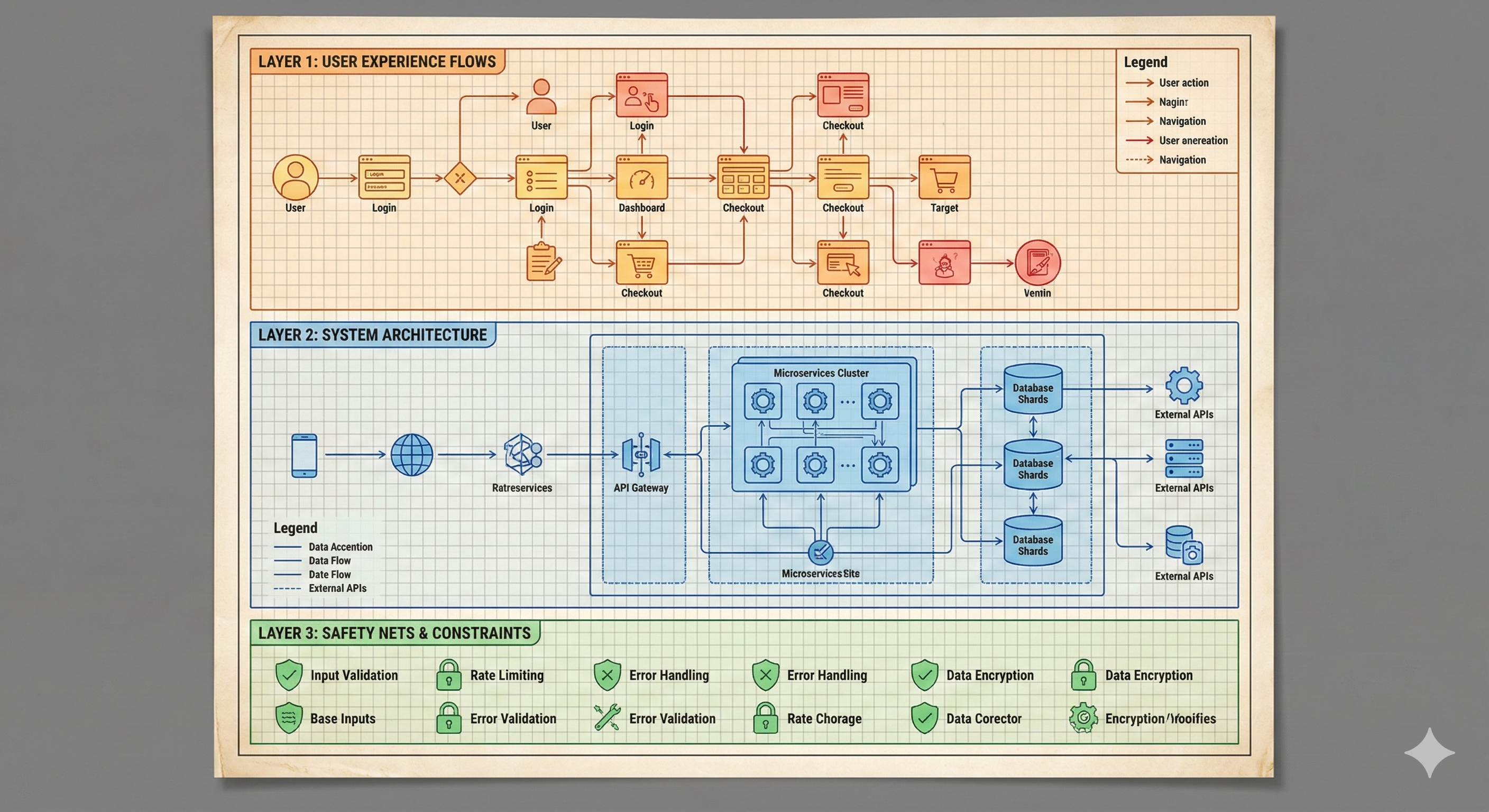 Architectural blueprint showing three layers: user experience flows, system architecture, and safety nets