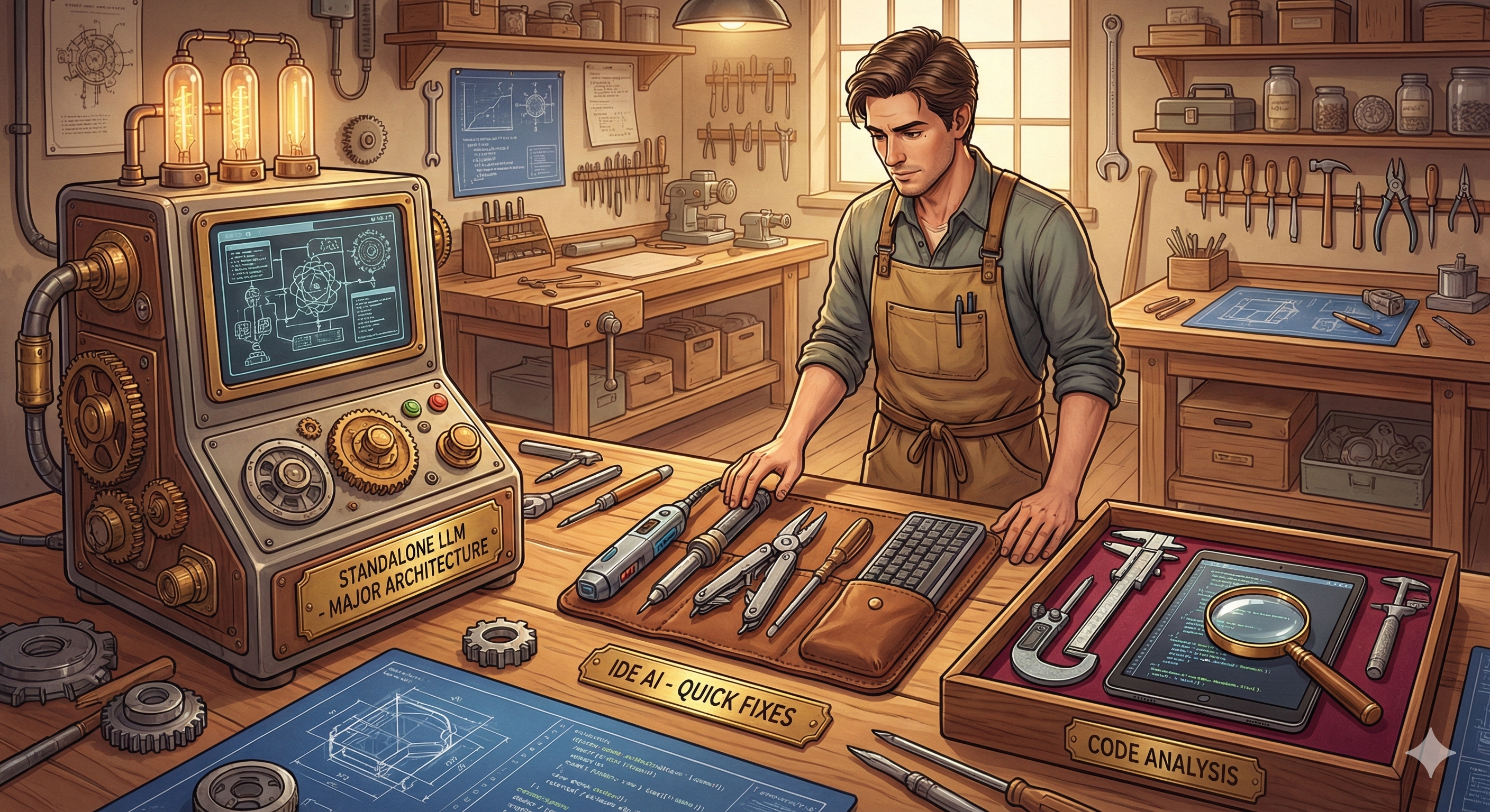 Workshop scene with craftsperson selecting appropriate AI tools from workbench