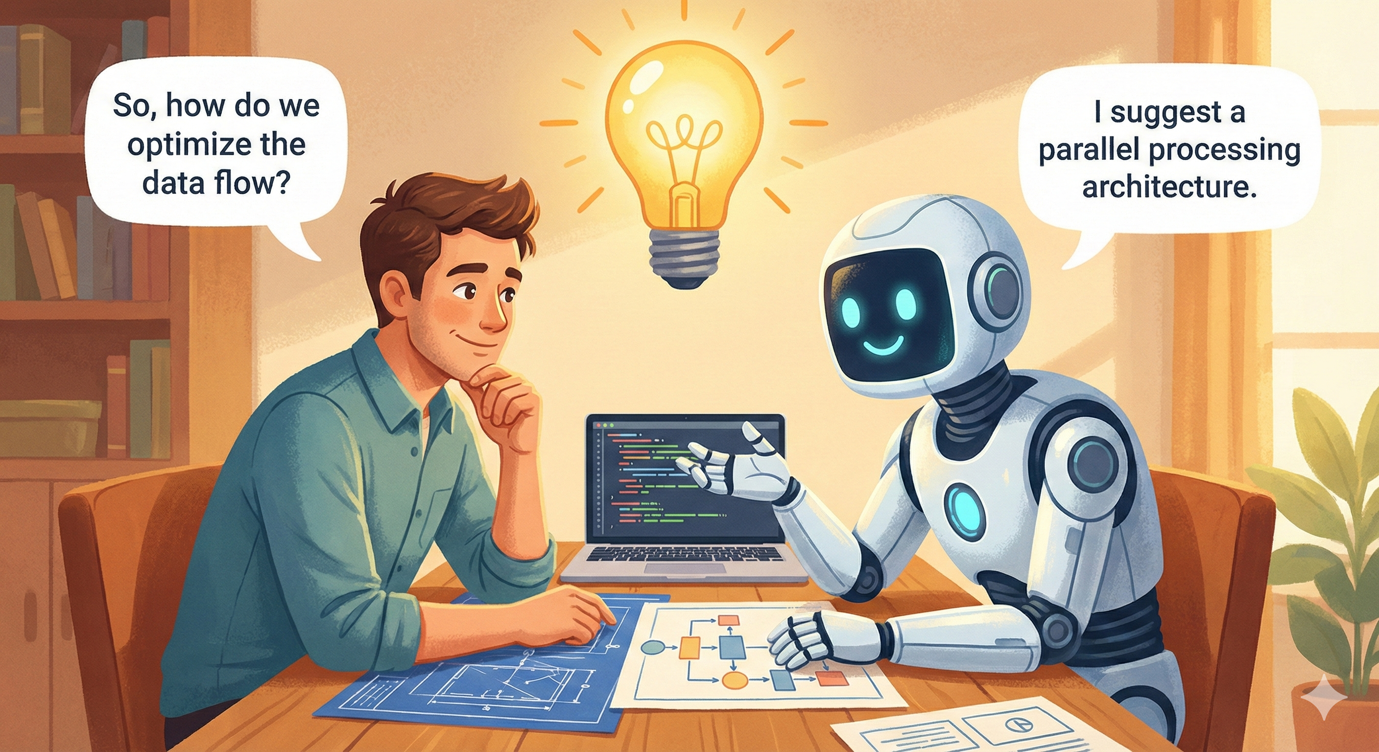 Human and AI robot in collaborative dialogue with documents and growing lightbulb of understanding