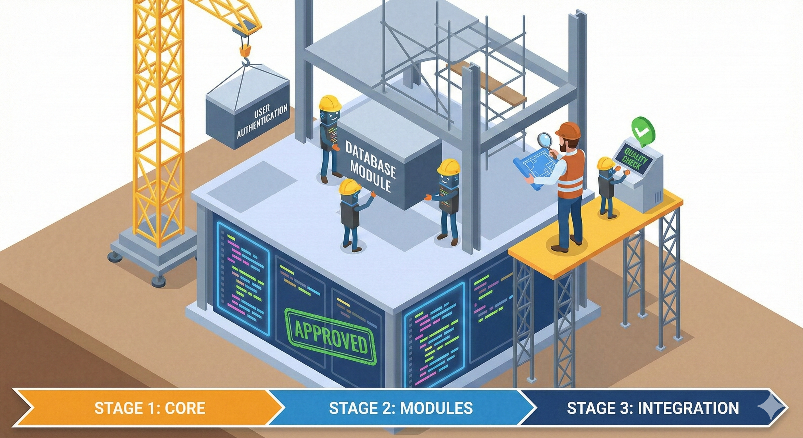 Construction sequence showing building going up floor by floor with quality control at each stage